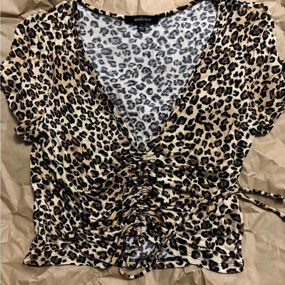 Ambiance Animal Print V-Neck Crop Top with Cinch Tie